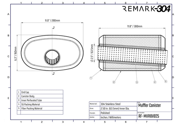 SS304 Oval Muffler Canister - Offset Inlet/Outlet - 11.0" x 6.3" x 11.8"