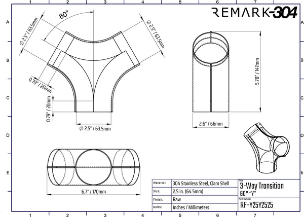 304 Stainless Steel 3-Way Transition, 60°